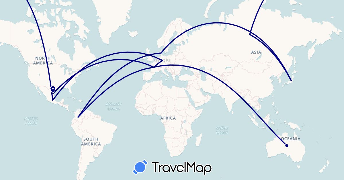 TravelMap itinerary: driving in Australia, Colombia, Germany, Denmark, France, Japan, Mexico, Russia (Asia, Europe, North America, Oceania, South America)